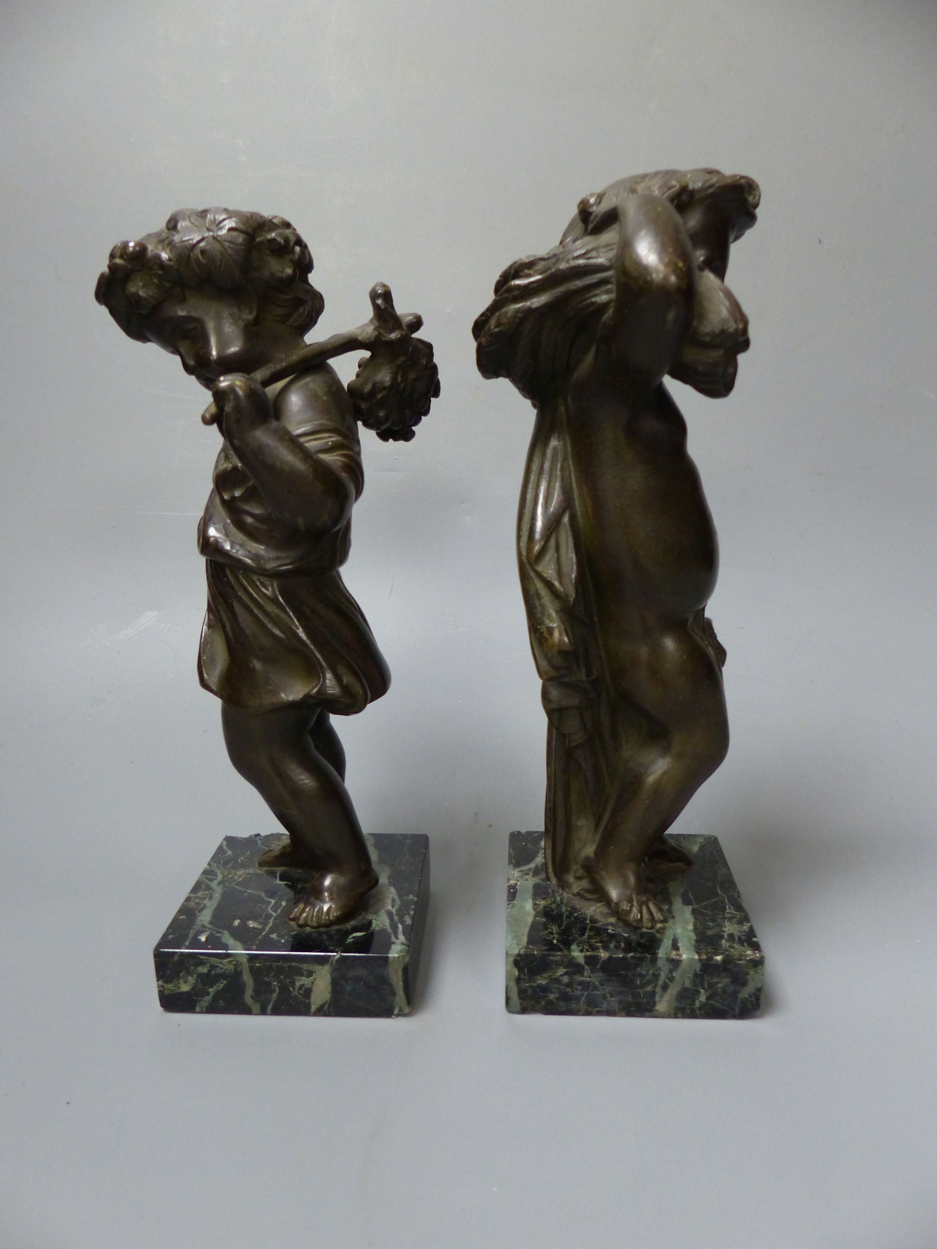A pair of 19th century bronze figures emblematic of Summer & Autumn, on marble bases, overall 21cm